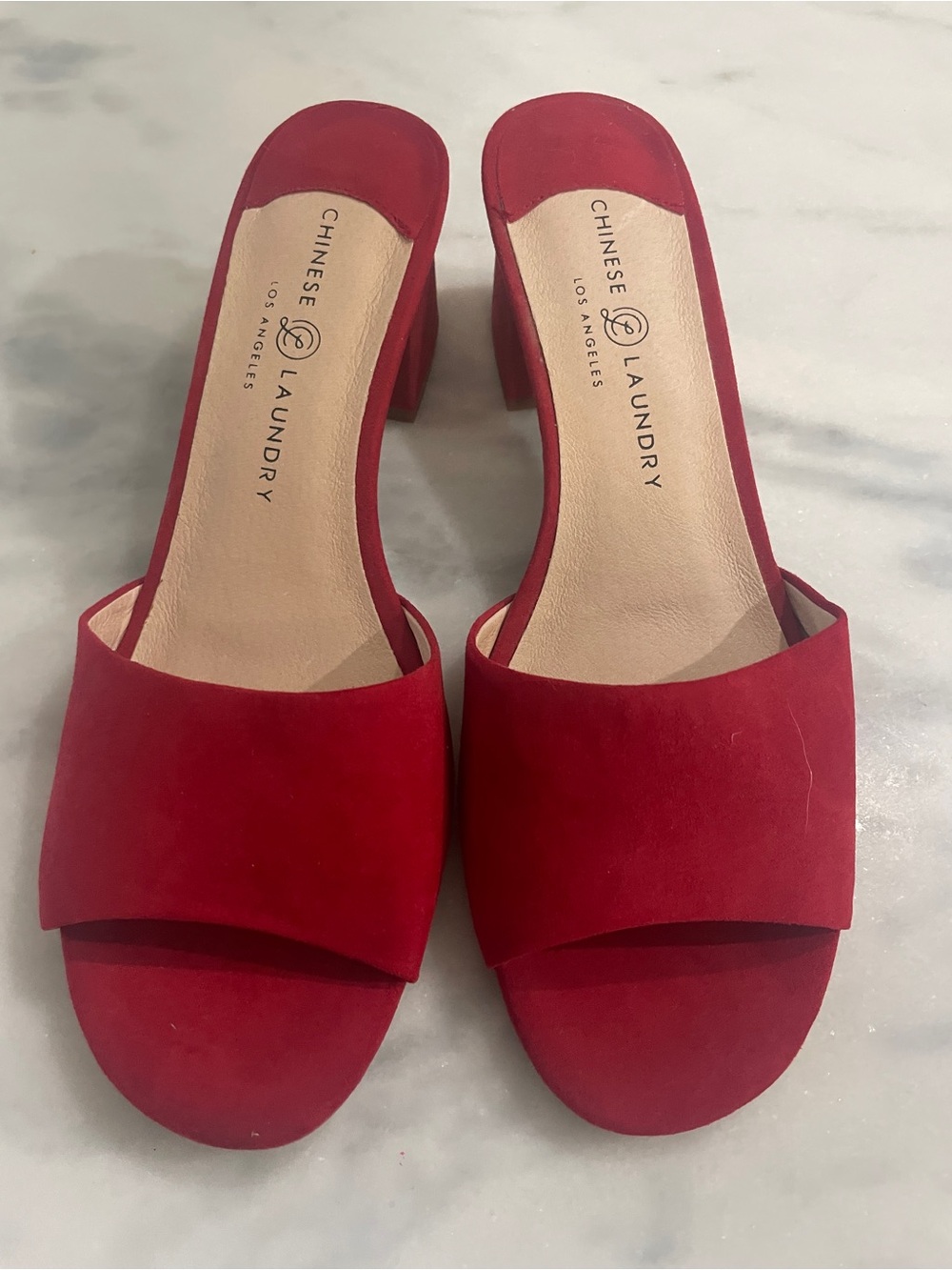 Chinese Laundry Red Suede Open-Toe Block Heel Mules